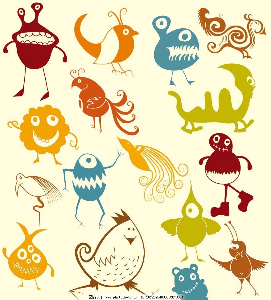 卡通动物怪兽表情 卡通 可爱 小鸟 小鸡 青蛙 涂鸦 怪兽 怪物 表情