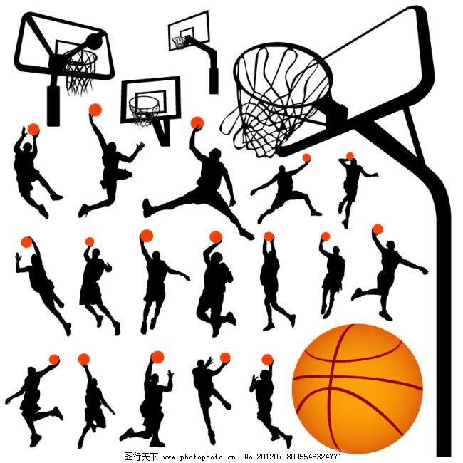 篮球运动人物剪影与篮球架,篮球运动人物剪影