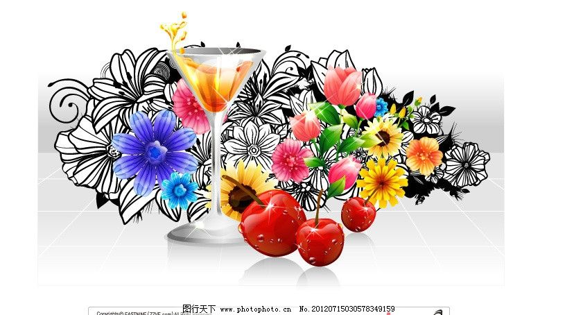花纹水果 玫瑰 菊花 梨子 酒杯 韩国花纹 失量素材 漂亮花纹