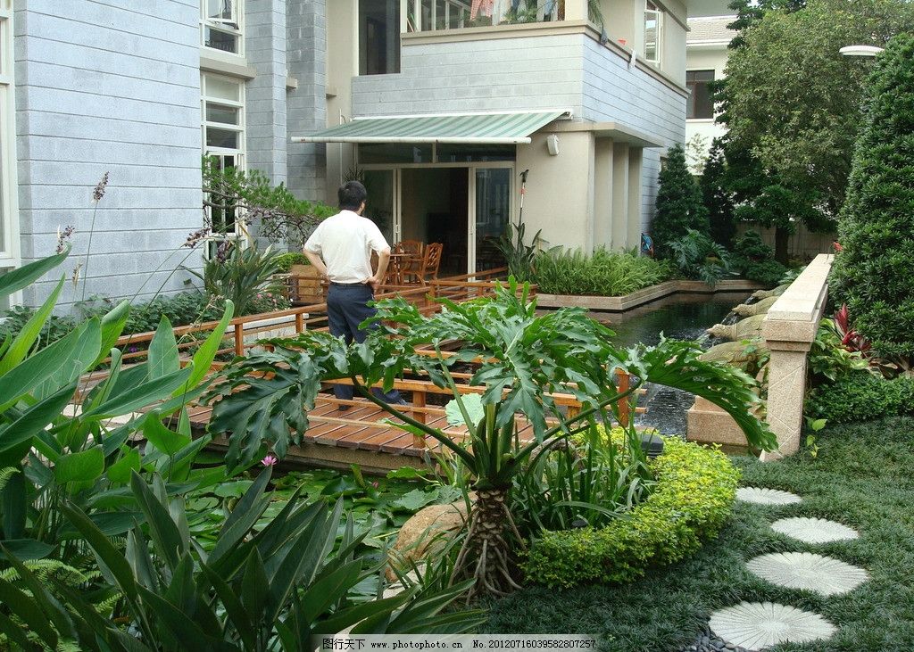 别墅园林 小桥 现代园林 花草 树木 植物 地面 铺装 庭院 别墅庭院