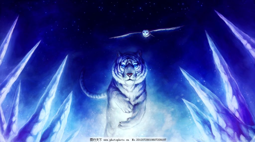 白虎 设计图片 童话的世界 梦幻世界 绘画 科幻 神话 魔幻 老虎 圣兽 神兽 星夜 夜晚 猫头鹰 幻想世界 设计素材 童话世界 其他 动漫动画 设计 118DPI PNG