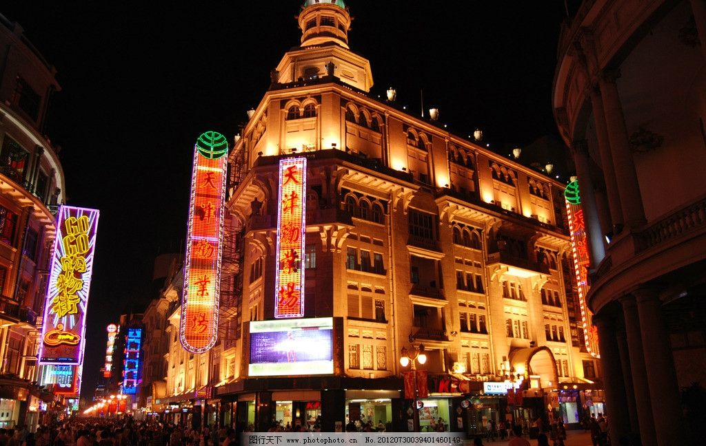 天津商业街 商店 城市夜景 欧式建筑 霓虹灯 建筑摄影 建筑园林