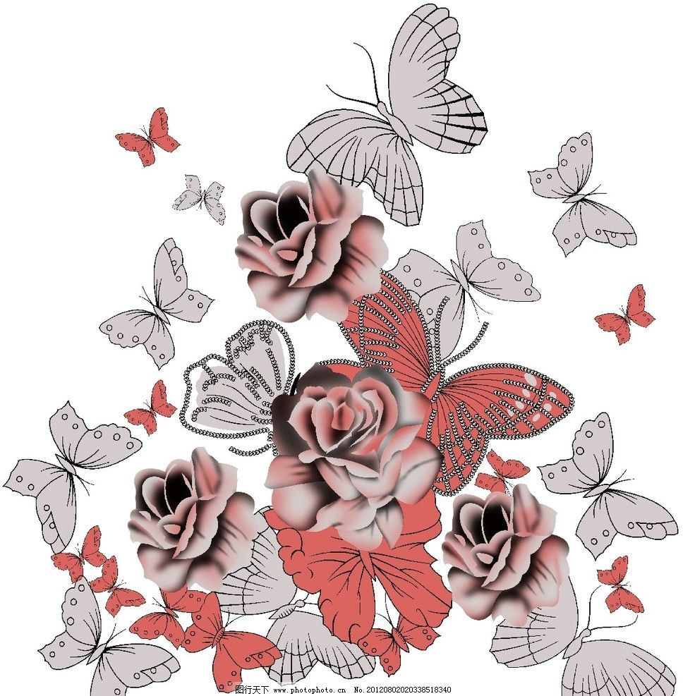 服装印花图案图片,玫瑰红 小蝴蝶 分色 印花设计图-图行天下图库