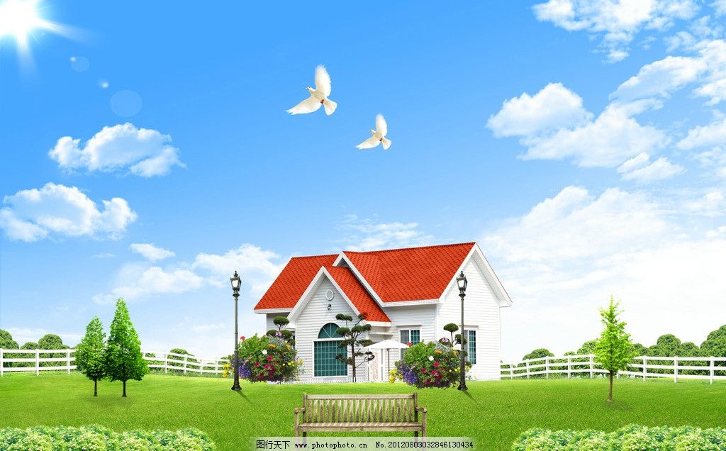 蓝天白云 蓝天草地 风景 自然风景 景色 自然 绿色 蓝天 白云 草地 草 草皮 树 树木 树丛 花 花园 别墅 房子 房地产 路灯 白鸽 座椅 木椅 背景 展板 模版 宣传栏 海报 美景 环境 环保 天然 生态 优美 宁静 种植园 空旷 光 阳光 广告 海报设计 广告设计 PSD分层素材 源文件 风景PSD分层 300DPI PSD