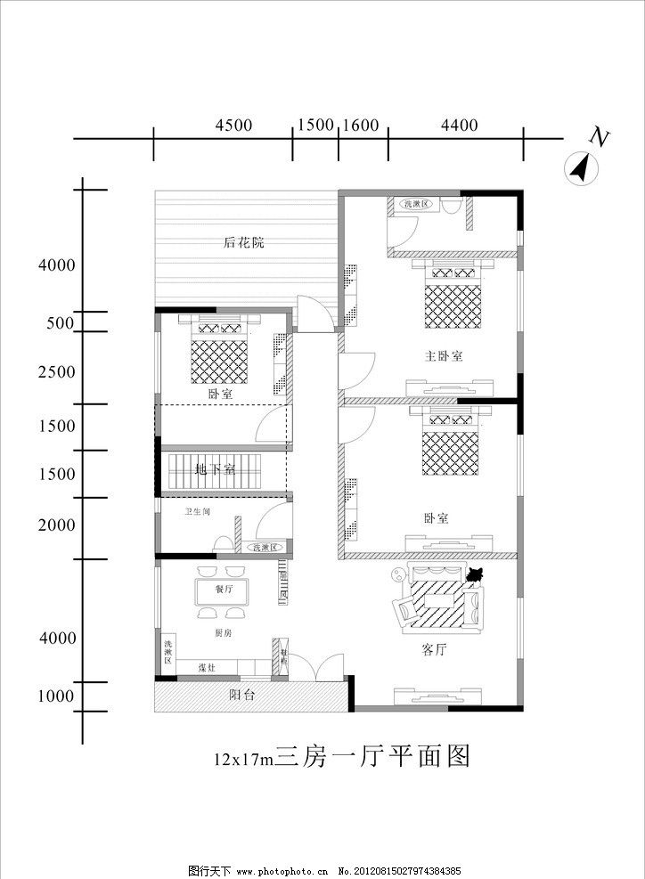三房一厅平面图图片