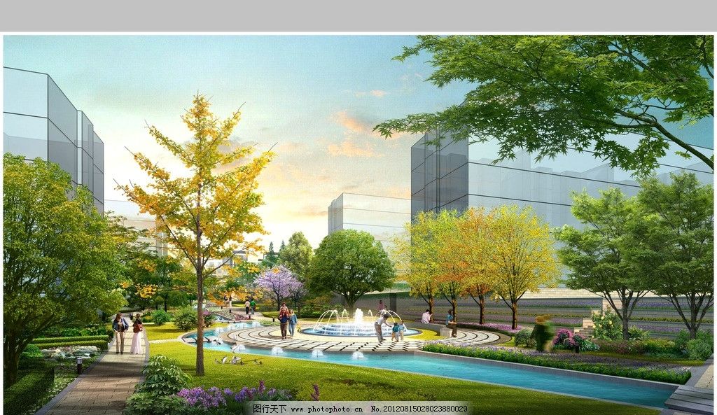 绿化景观透视 小区入口效果图 欧式景观 树木 建筑 行人 湖泊 建筑