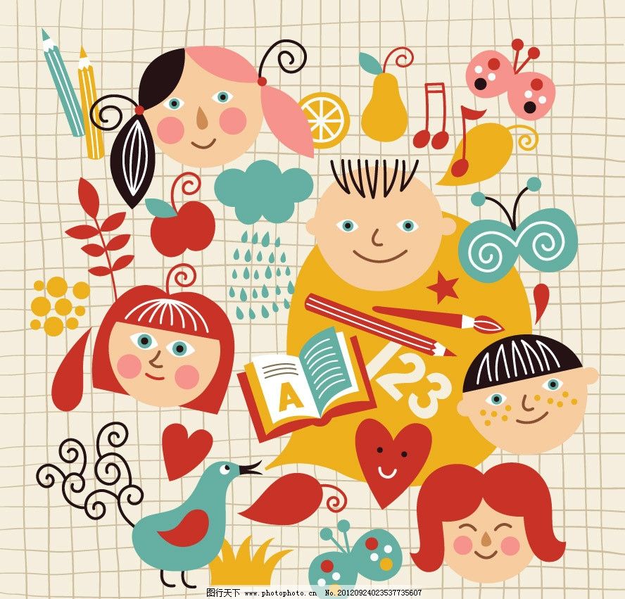 卡通儿童 卡通小学生 可爱 笑脸 表情 课本 图书 铅笔 蝴蝶 音符 树叶