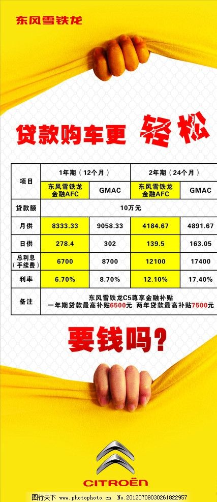 贷款展架,贷款,信贷,展架,黄色,撕开,购车,钱,雪铁龙,汽车,展板模板,广告设计,矢量,CDR